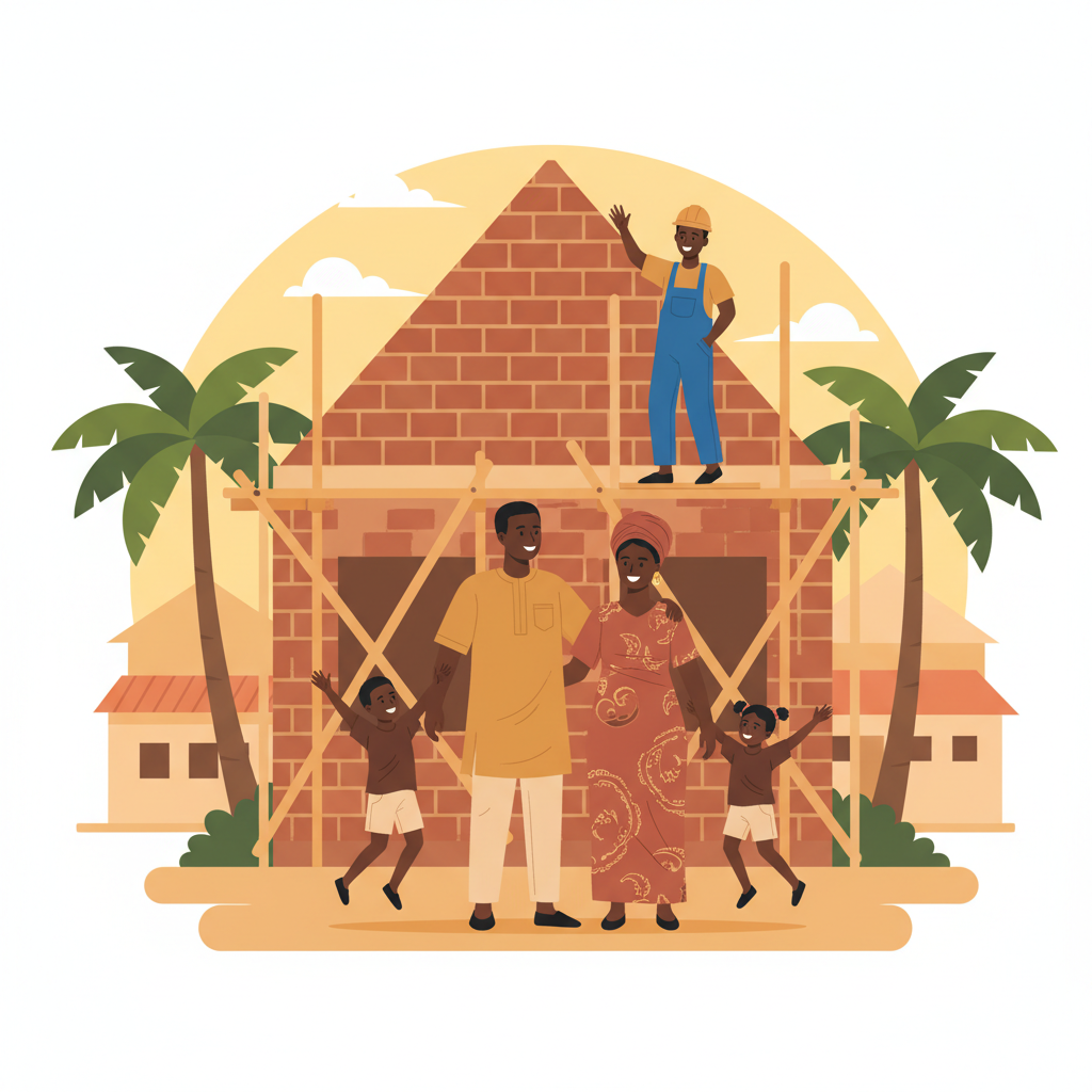 Une famille devant sa maison en construction