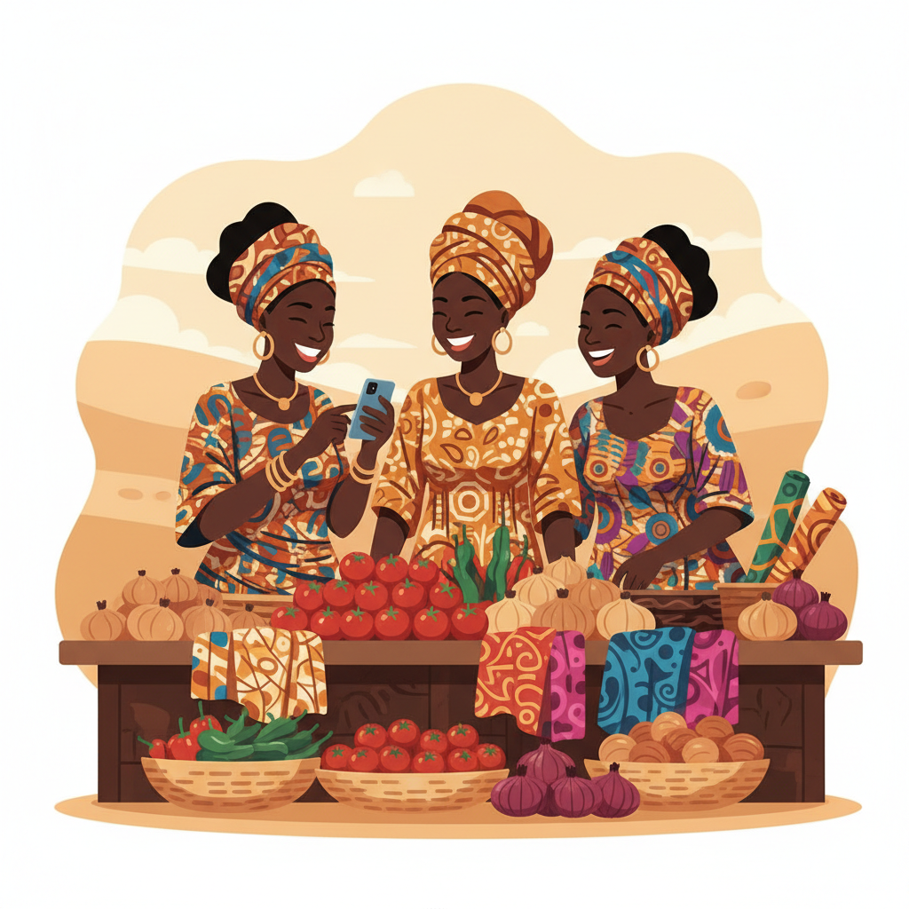 Trois commerçantes souriantes au marché, l'une consulte son téléphone