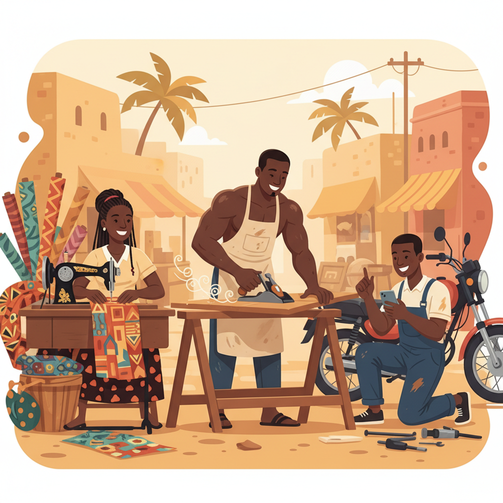 Couturière, menuisier et mécanicien au travail dans leur atelier